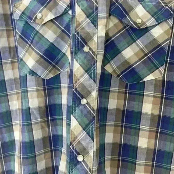 Wrangler WRancher Shirt Mens XL Plaid Pearl Snap Short Sleeve Flap Pockets Blue - Picture 8 of 13